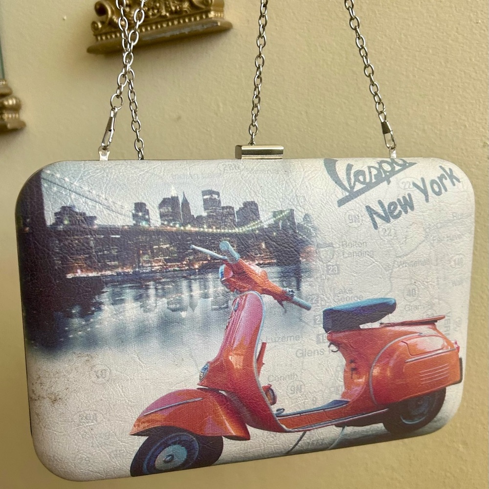 Vintage Vespa New York City Clutch Retro Scooter Hard Shell, Silver Chain Strap